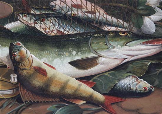 19th century English School Still life of pike and other fish, with a net and a reel 20 x 24.5in.